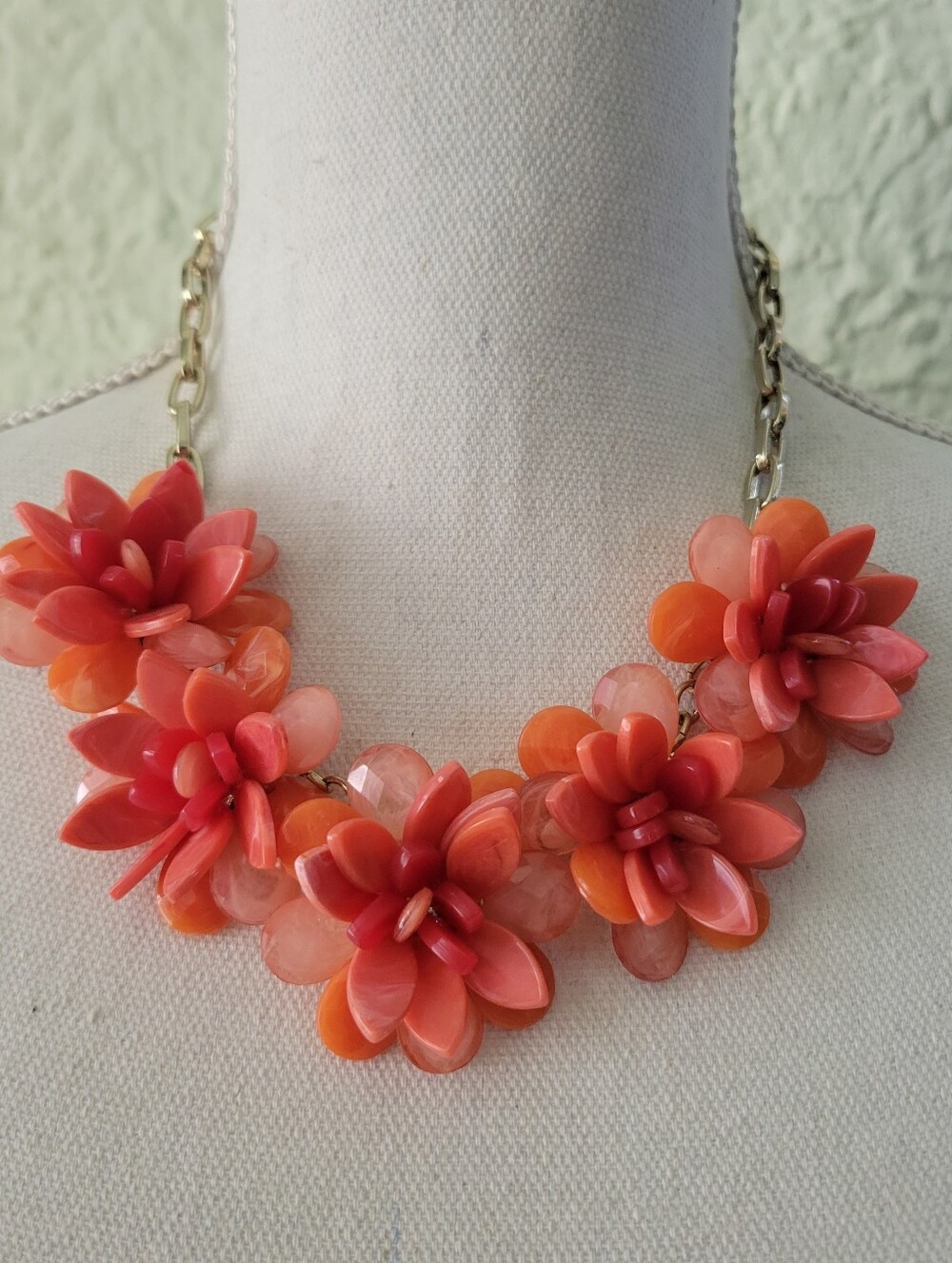 Orange Flower Gold tone Bib Statement Necklace Paperclip Chain 18"
